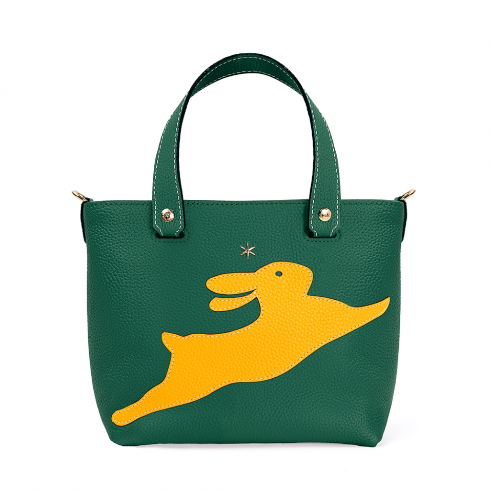 'En L'Air le Sac Lièvre' Sac Cabas Cuir Nappa Vert Pin & Or