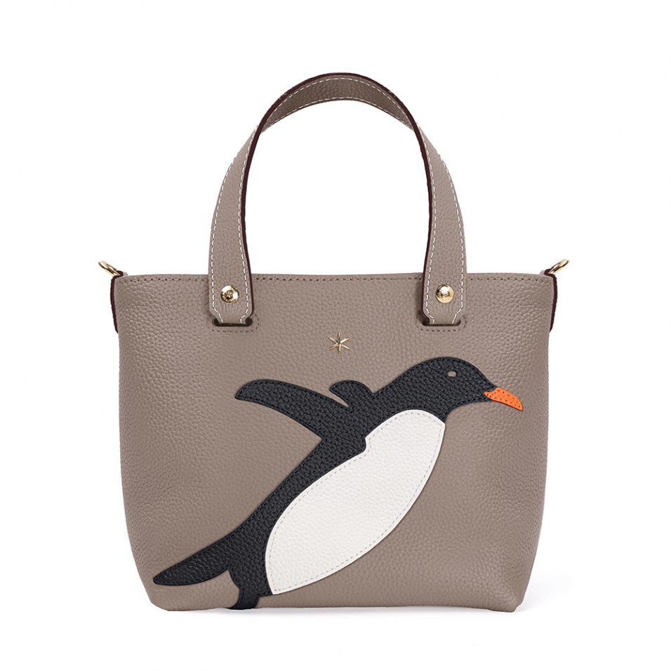 'En L'Air le Sac Pingouin' Sac Cabas Cuir Nappa Tourterelle & Argent