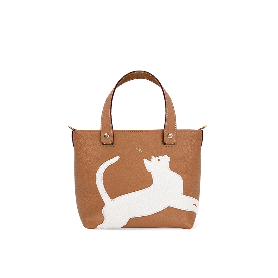 'En L'Air le Sac Le Chat' Nappa Leather Handbag Cognac & Gold