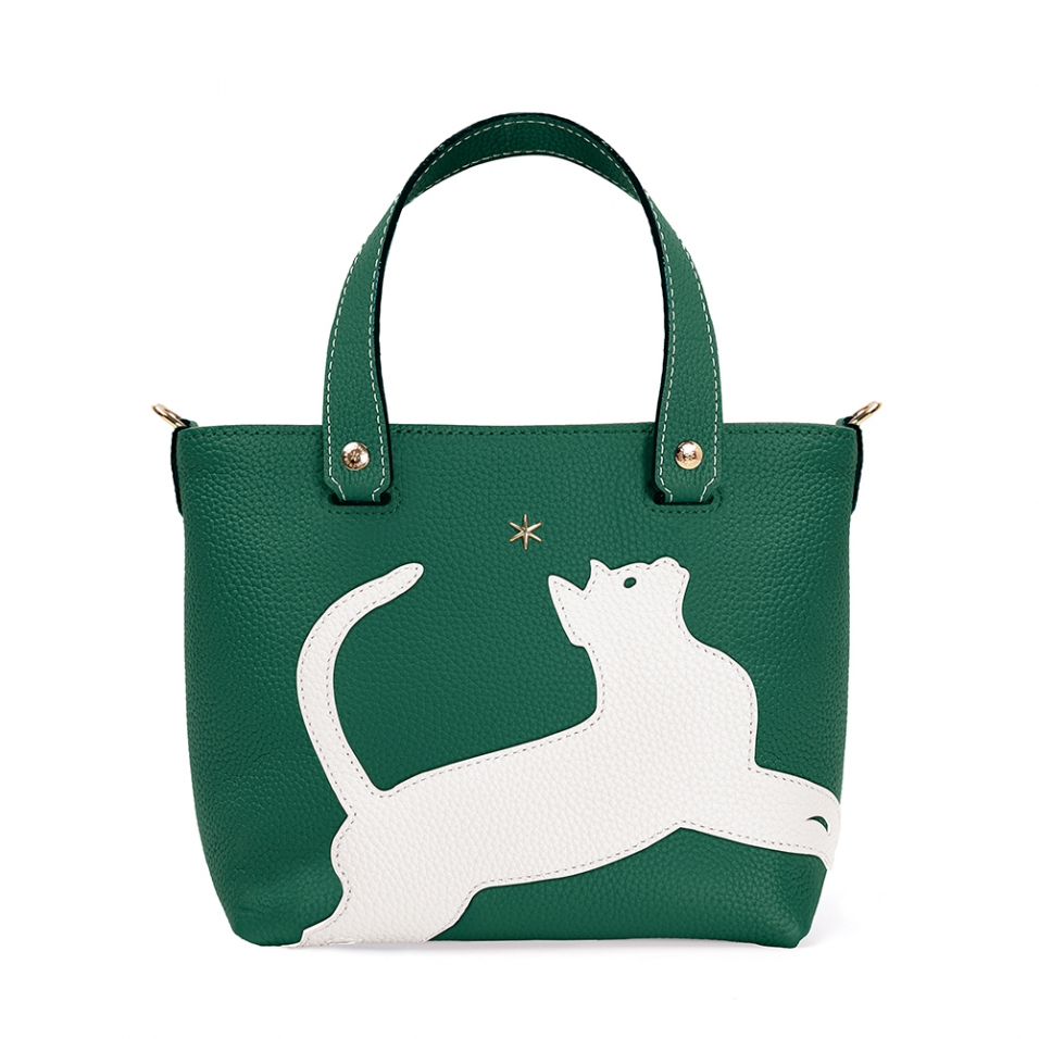 'En L'Air le Sac Le Chat' Sac Cabas Cuir Nappa Vert Pin & Or