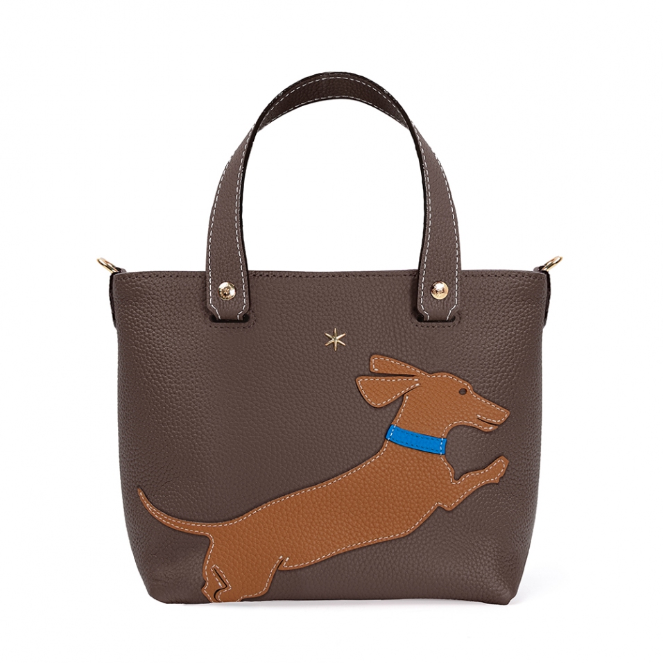 'En L'Air le Sac Téckel' Sac Cabas Cuir Nappa Chocolat & Or