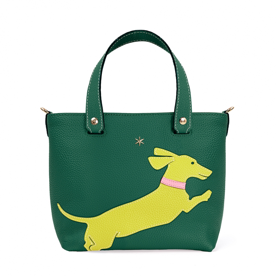 'En L'Air le Sac Téckel' Sac Cabas Cuir Nappa Vert Pin & Or