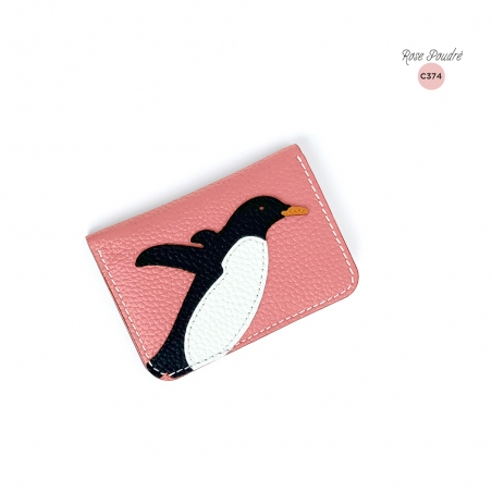 'En L'Air Carte Pingouin' Porte Carte Cuir Nappa Rose Poudré