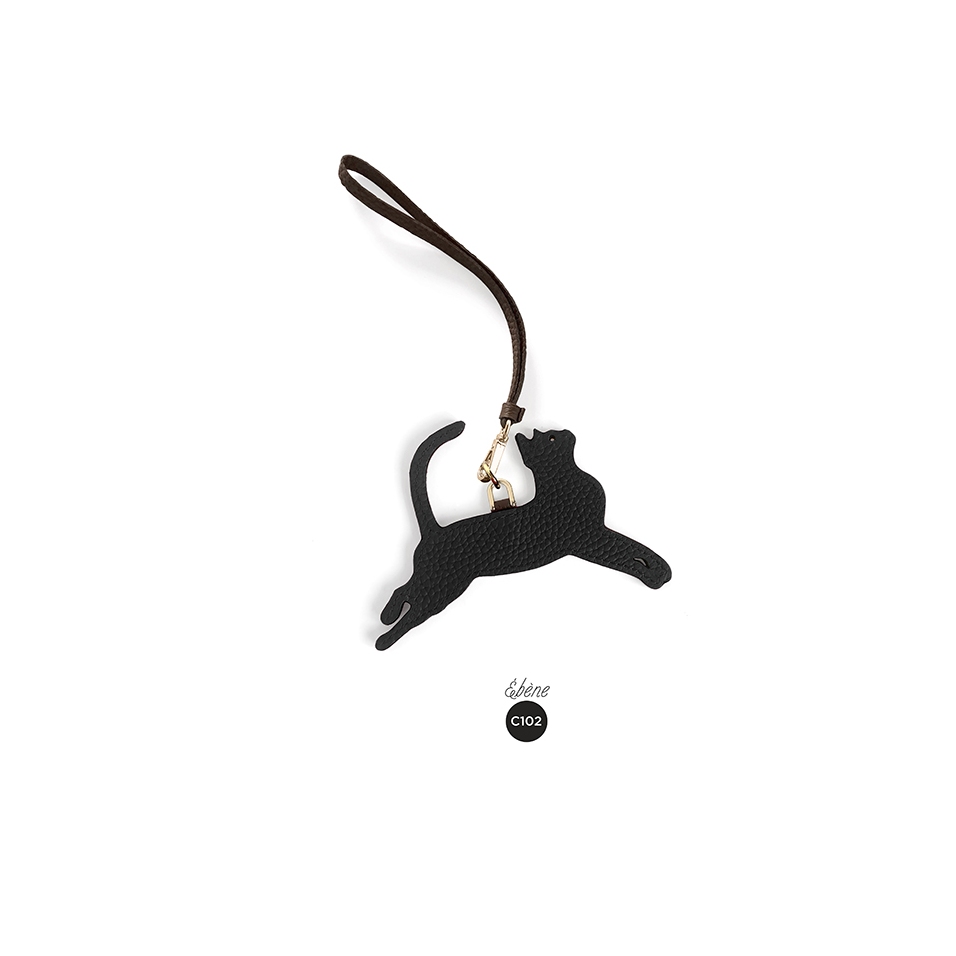 'En L'Air Clé Chat' Porte Clé et Charms en Cuir Nappa Ébène & Or