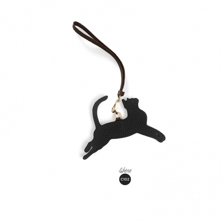 'En L'Air Clé Chat' Porte Clé et Charms en Cuir Nappa Ébène & Or