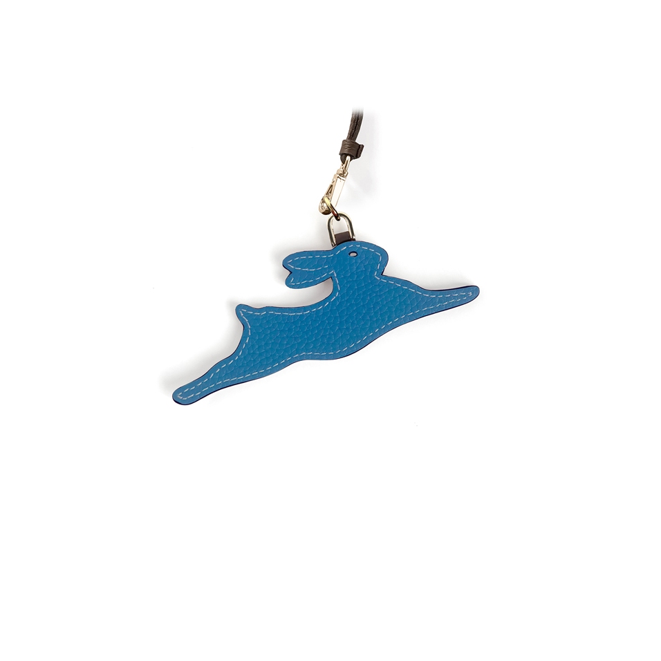'En L'Air Clé Lièvre' Porte Clé et Charms en Cuir Nappa Cyan & Or