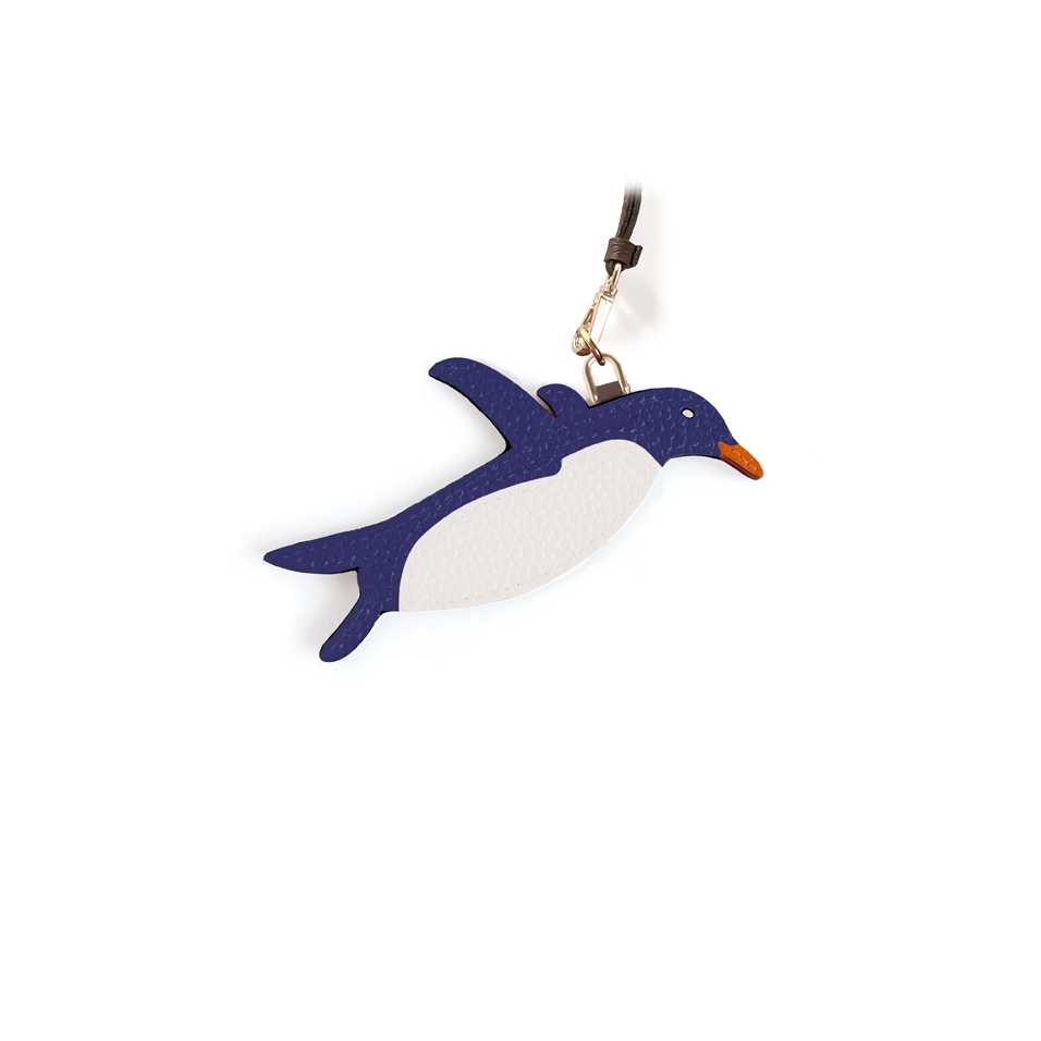 'En L'Air Clé Pingouin' Porte Clé et Charms en Cuir Nappa Bleu Profond & Or