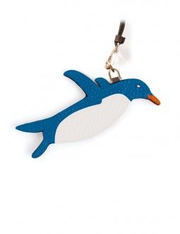 'En L'Air Clé Pingouin' Porte Clé et Charms en Cuir Nappa Cyan & Or
