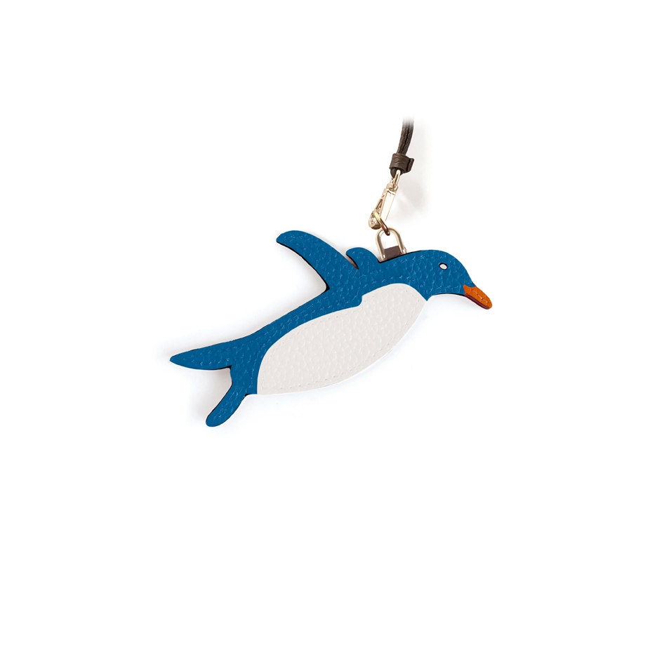 'En L'Air Clé Pingouin' Porte Clé et Charms en Cuir Nappa Cyan & Or