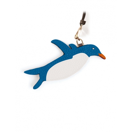 'En L'Air Clé Pingouin' Porte Clé et Charms en Cuir Nappa Cyan & Or