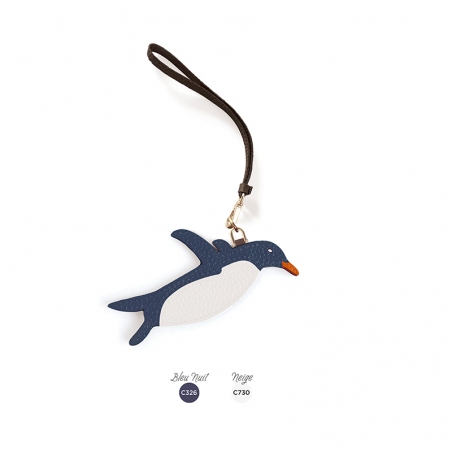 'En L'Air Clé Pingouin' Porte Clé et Charms en Cuir Nappa Bleu Nuit & Or