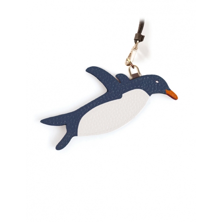 'En L'Air Clé Pingouin' Porte Clé et Charms en Cuir Nappa Bleu Nuit & Or