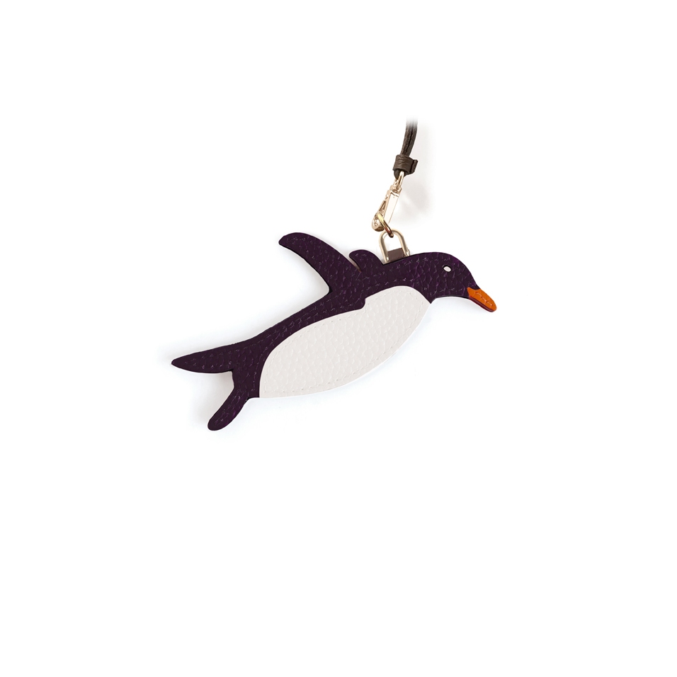 'En L'Air Clé Pingouin' Porte Clé et Charms en Cuir Nappa Cassis & Or