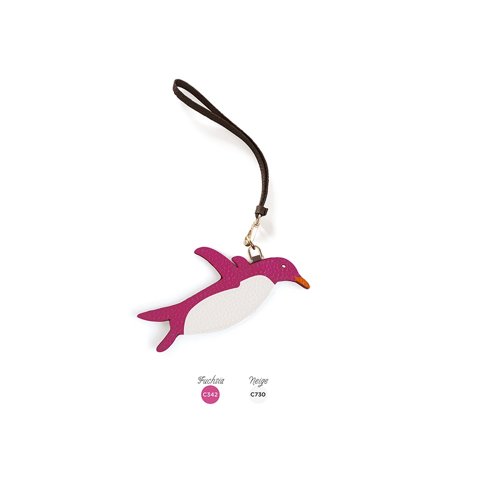 'En L'Air Clé Pingouin' Porte Clé et Charms en Cuir Nappa Fuchsia & Or