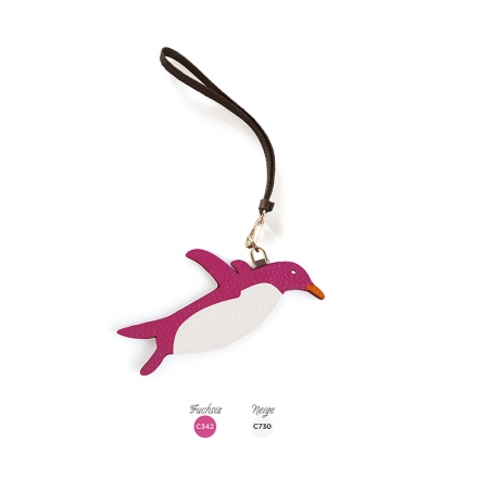 'En L'Air Clé Pingouin' Porte Clé et Charms en Cuir Nappa Fuchsia & Or