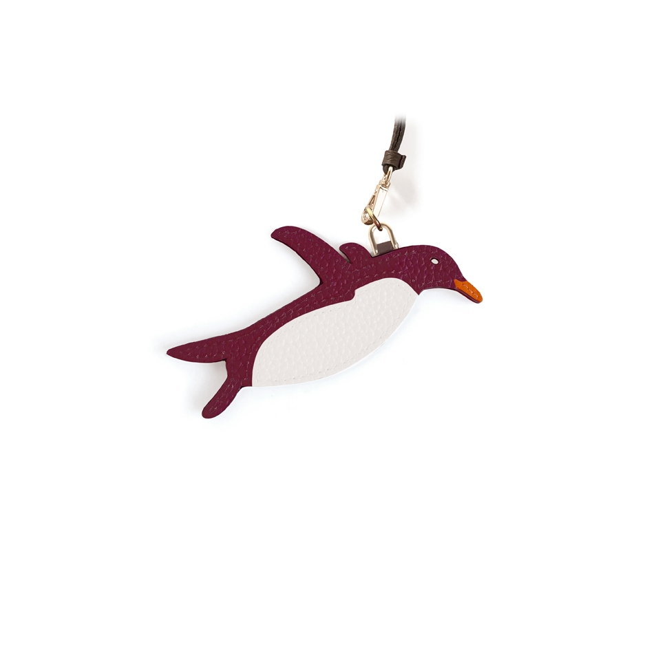 'En L'Air Clé Pingouin' Porte Clé et Charms en Cuir Nappa Bordeaux & Or