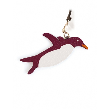 'En L'Air Clé Pingouin' Porte Clé et Charms en Cuir Nappa Bordeaux & Or