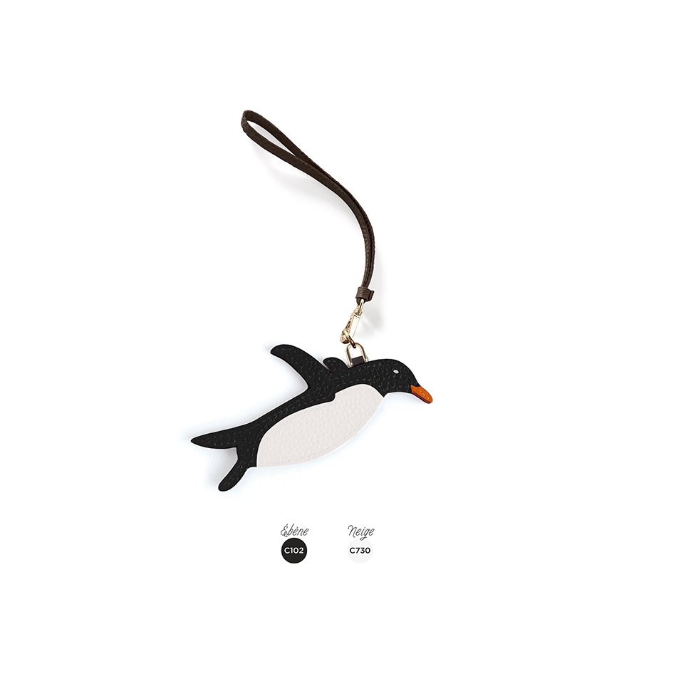'En L'Air Clé Pingouin' Porte Clé et Charms en Cuir Nappa Ébène & Or
