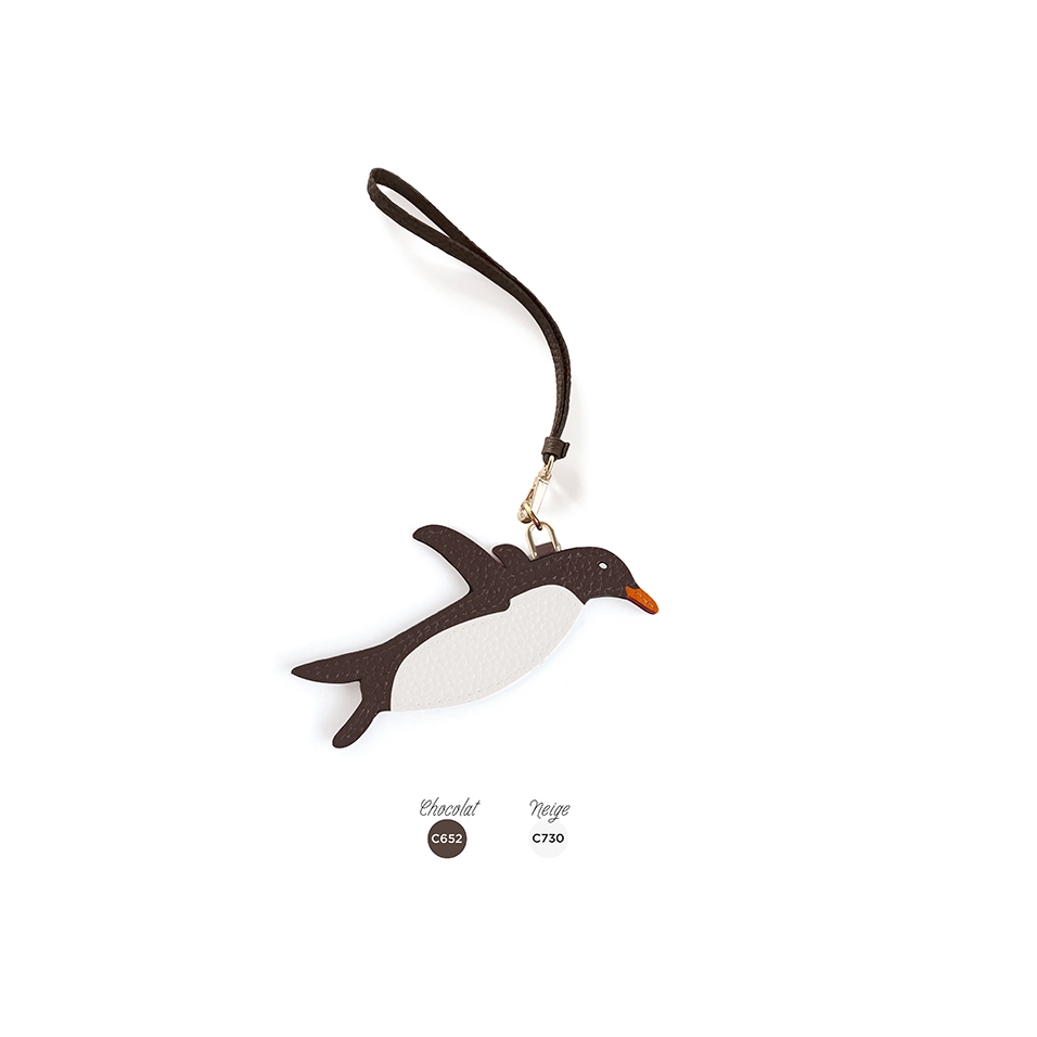 'En L'Air Clé Pingouin' Porte Clé et Charms en Cuir Nappa Chocolat & Or