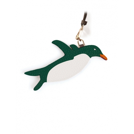 'En L'Air Clé Pingouin' Porte Clé et Charms en Cuir Nappa Vert Pin & Or