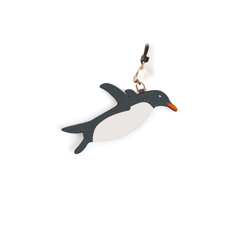 'En L'Air Clé Pingouin' Porte Clé et Charms en Cuir Nappa Ardoise & Or