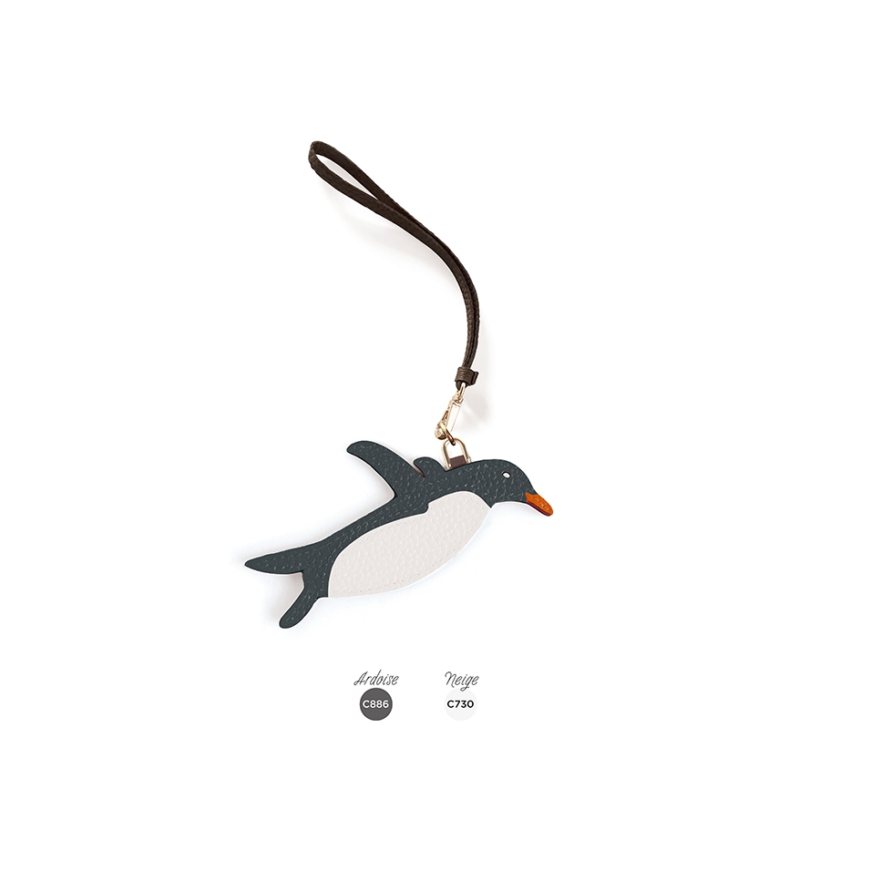 'En L'Air Clé Pingouin' Porte Clé et Charms en Cuir Nappa Ardoise & Or