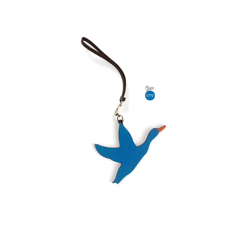 'En L'Air Clé Oie' Porte Clé et Charms en Cuir Nappa Cyan & Or
