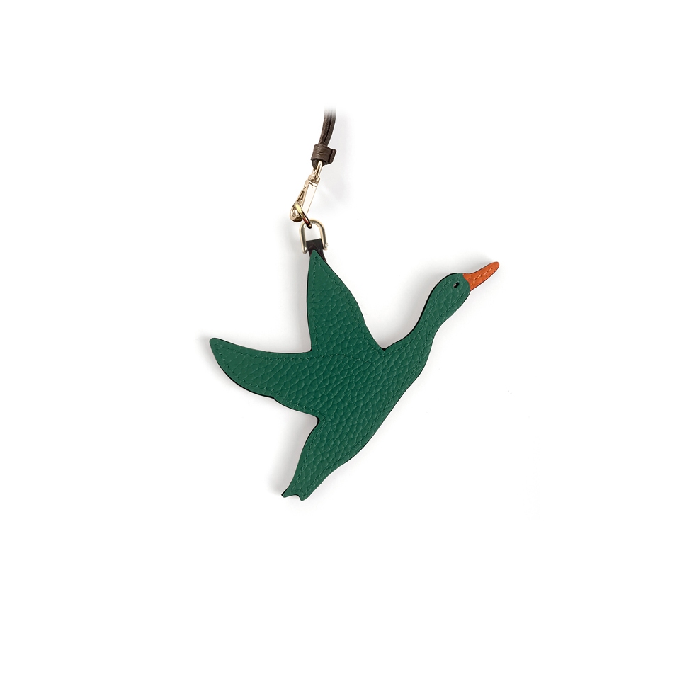 'En L'Air Clé Oie' Porte Clé et Charms en Cuir Nappa Vert Pin & Or