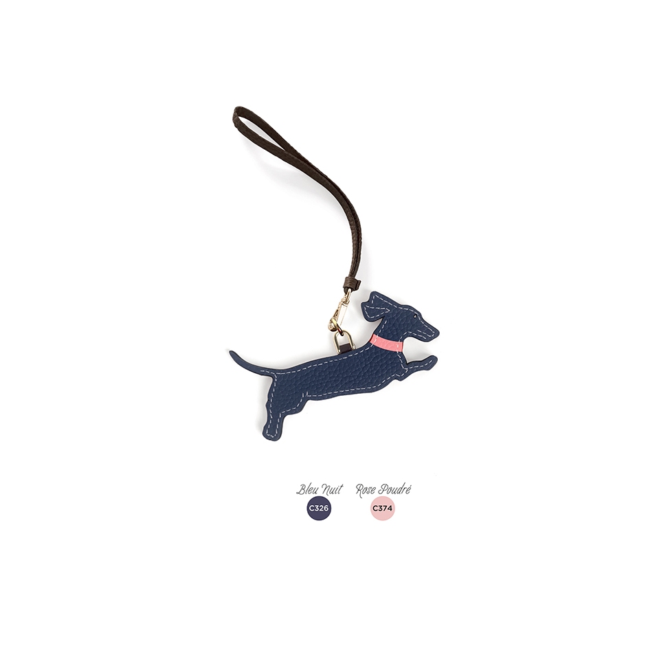 'En L'Air Clé Téckel' Porte Clé et Charms en Cuir Nappa Bleu Nuit & Or