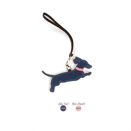 'En L'Air Clé Téckel' Porte Clé et Charms en Cuir Nappa Bleu Nuit & Or