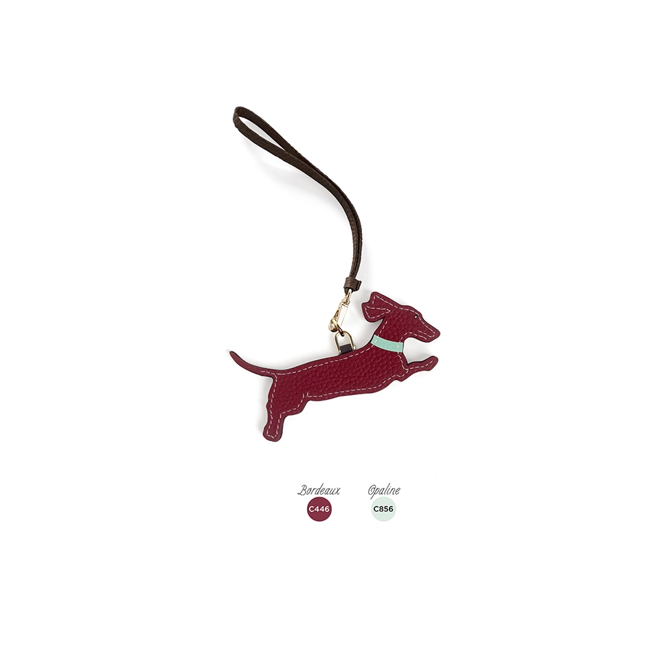'En L'Air Clé Téckel' Porte Clé et Charms en Cuir Nappa Bordeaux & Or