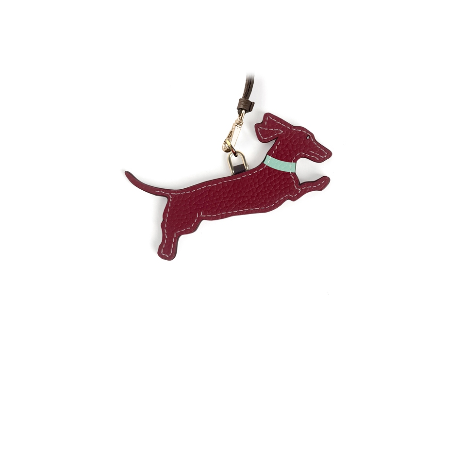 'En L'Air Clé Téckel' Porte Clé et Charms en Cuir Nappa Bordeaux & Or
