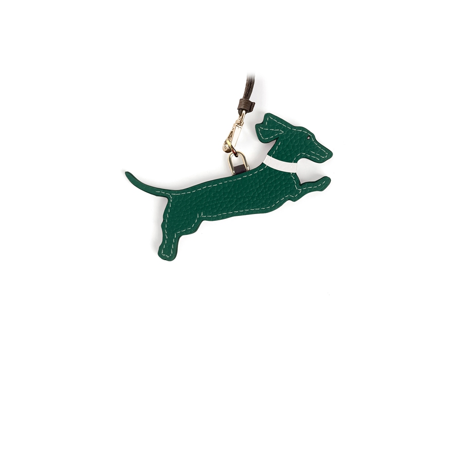 'En L'Air Clé Téckel' Porte Clé et Charms en Cuir Nappa Vert Pin & Or