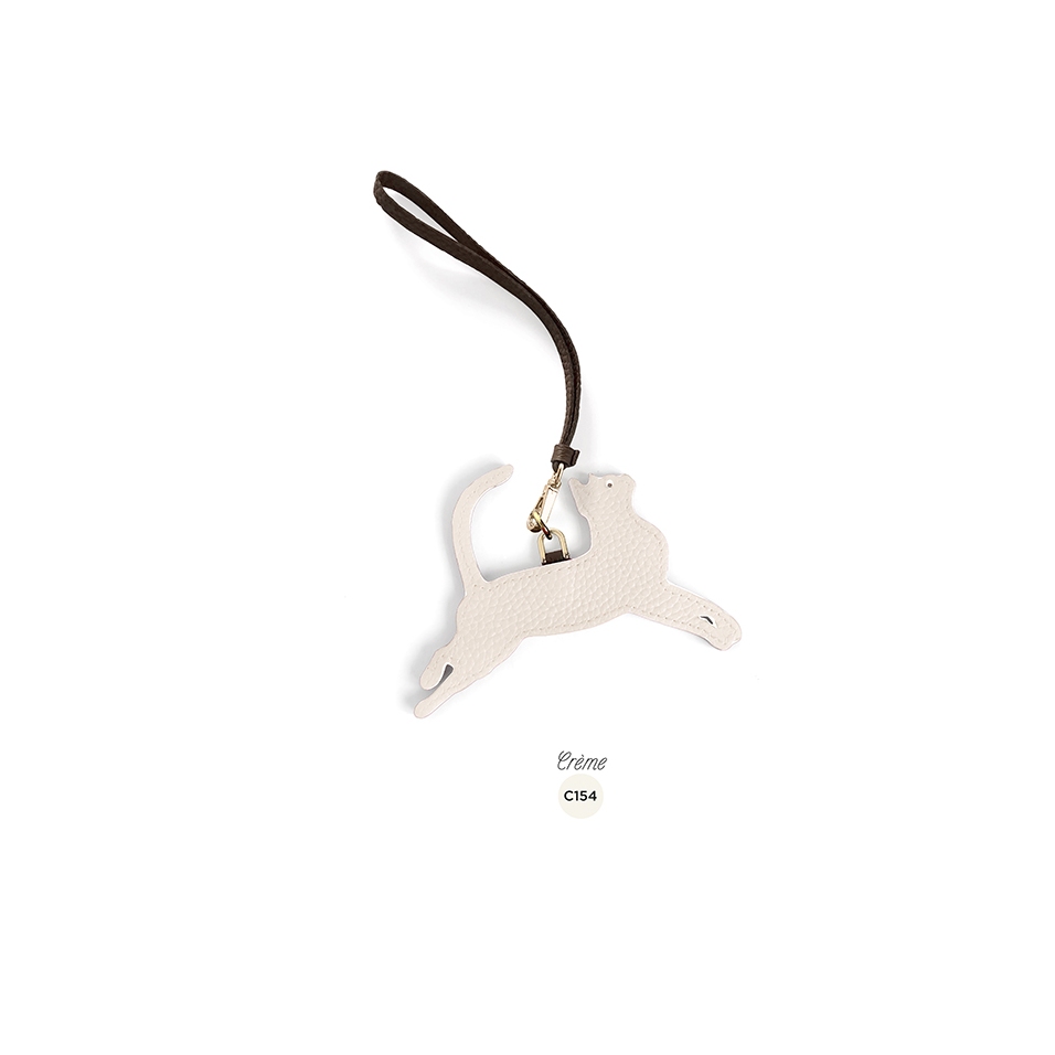 'En L'Air Clé Chat' Porte Clé et Charms en Cuir Nappa Crème & Or