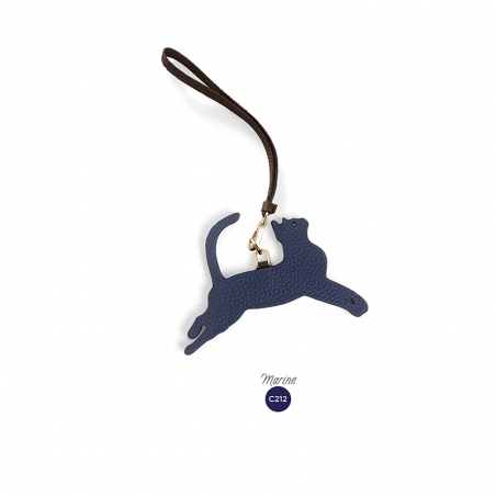 'En L'Air Clé Chat' Porte Clé et Charms en Cuir Nappa Marine & Or