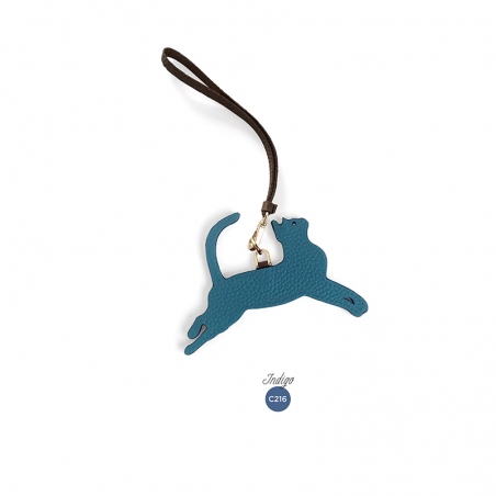 'En L'Air Clé Chat' Porte Clé et Charms en Cuir Nappa Indigo & Or