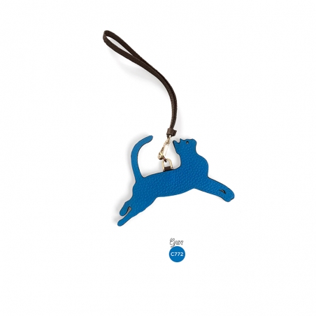 'En L'Air Clé Chat' Porte Clé et Charms en Cuir Nappa Cyan & Or