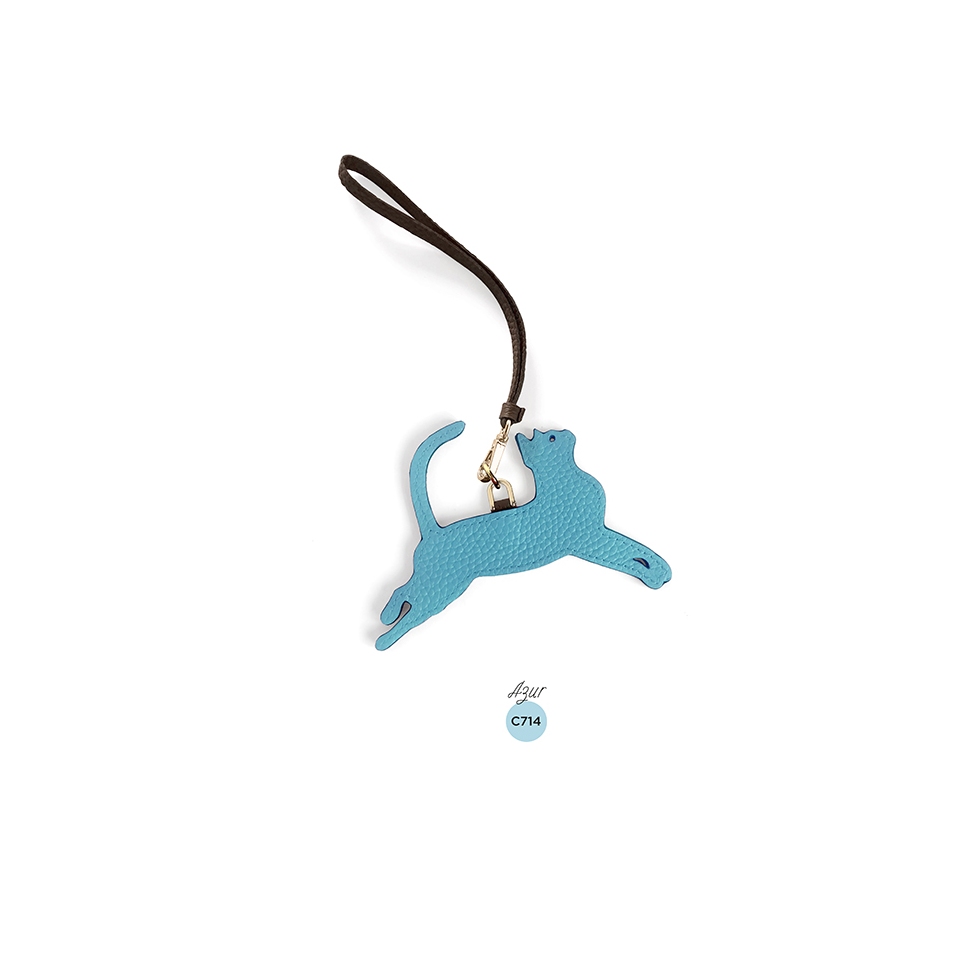 'En L'Air Clé Chat' Porte Clé et Charms en Cuir Nappa Azur & Or