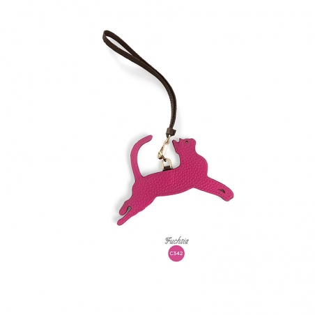'En L'Air Clé Chat' Porte Clé et Charms en Cuir Nappa Fuchsia & Or