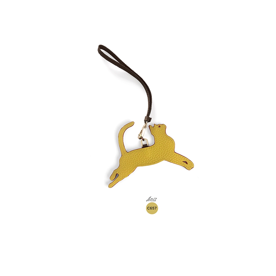 'En L'Air Clé Chat' Porte Clé et Charms en Cuir Nappa Anis & Or